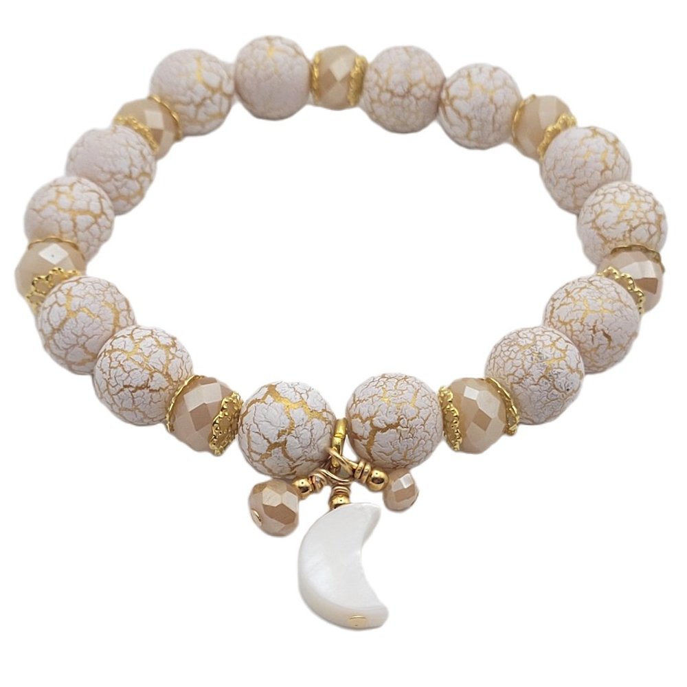 Cream and Gold Crackle Bead Stretch Bracelet with Moon Shell Charm - Handmade